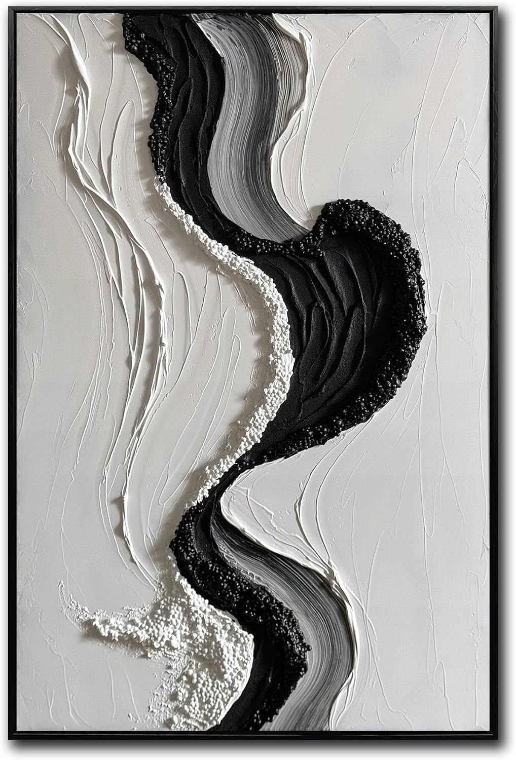 Boiee Art,24x36Inch Abstract Hand Painted Textured Ocean Wave Art on Canvas Minimalist Oil Painting Vertical Modern Black Simply White Framed Artwork