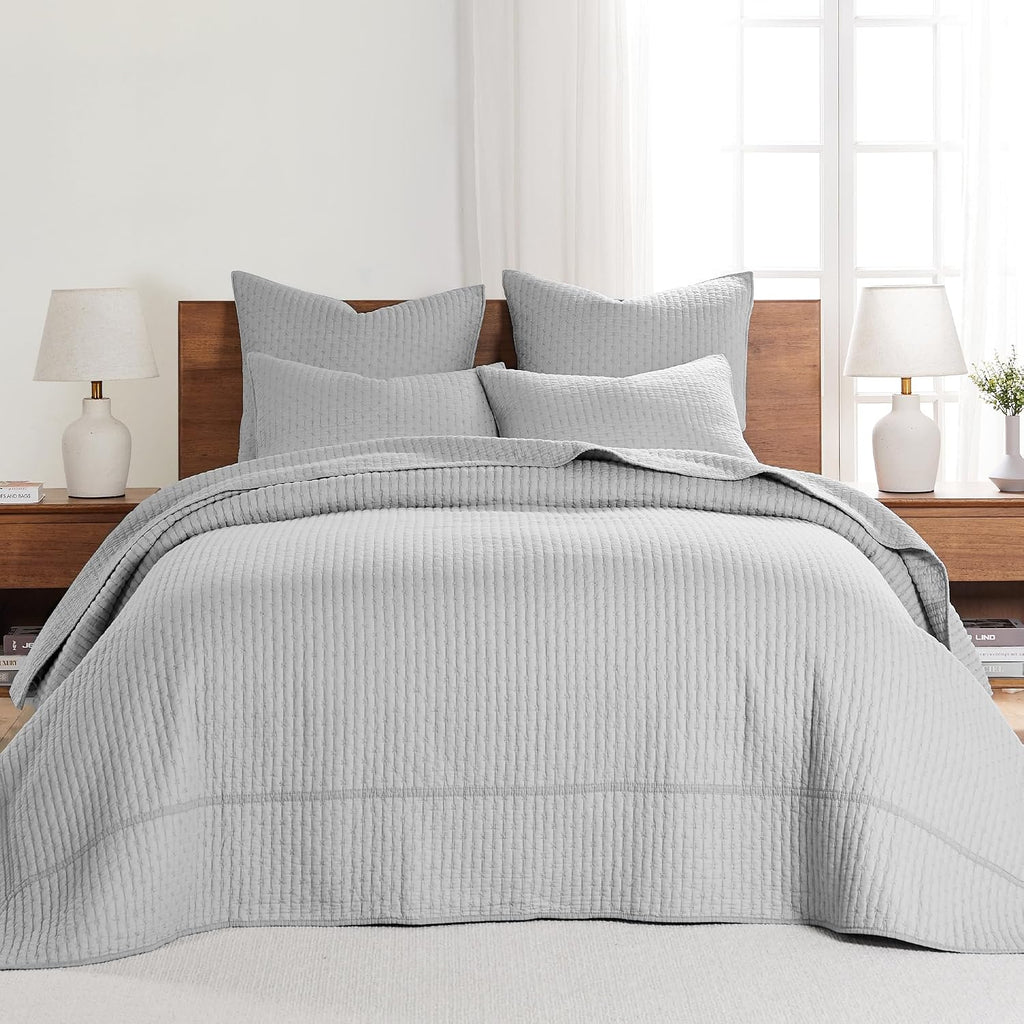 Levtex Home Cross Stitch Reversible Full Bedspread Set (100x104in) with 2 Pillow Shams (26x20in) - Stitch Texture - Light Grey - Cotton Full Size Bedspread Set - Lightweight, Soft, Pre-Washed