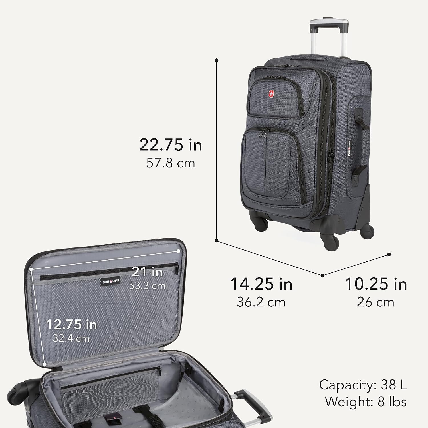 SWISSGEAR Sion Softside Expandable Spinner Luggage Durable Lightweight Travel Suitcase, Dark Grey, Carry-On