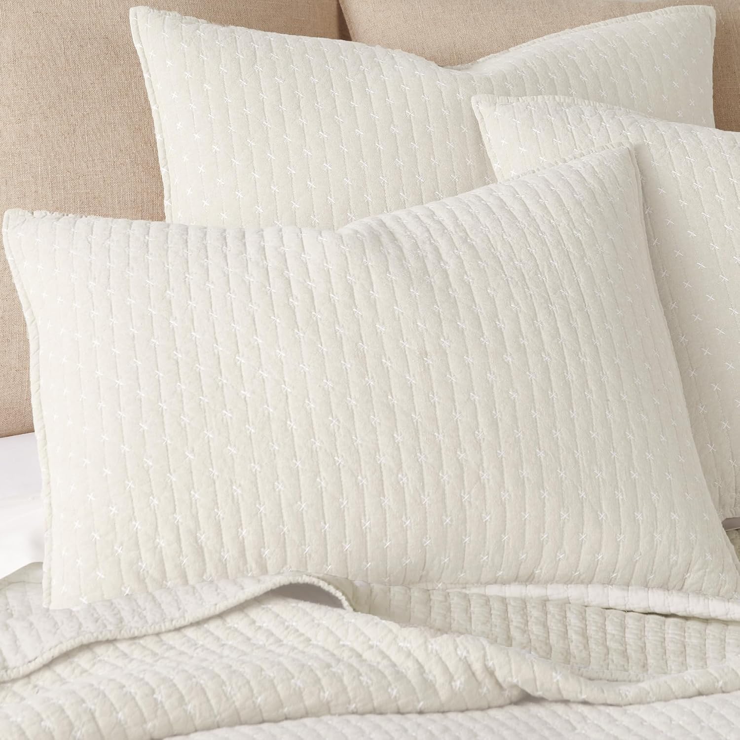 Levtex Home Cross Stitch Reversible Full/Queen Quilt Set (88x92in) with 2 Pillow Shams (26x20in) - Stitch Texture - Cream - Cotton Full/Queen Size Quilt Bedding Set - Lightweight, Soft, Pre-Washed