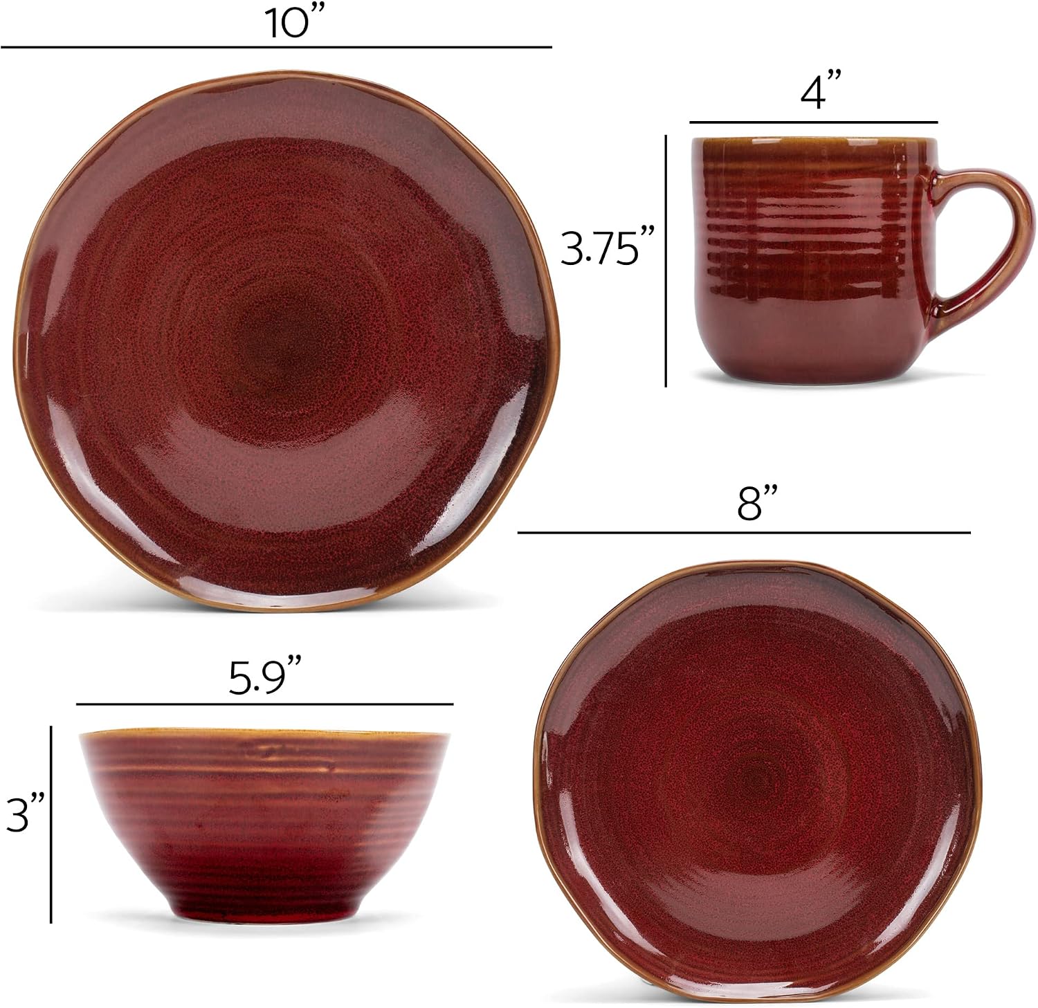 Elanze Designs Reactive Glaze Farmhouse Rustic Boho Ceramic Stoneware Dinnerware 16 Piece Plate Bowl Mug Dish Set - Service for 4, Burnt Auburn Red
