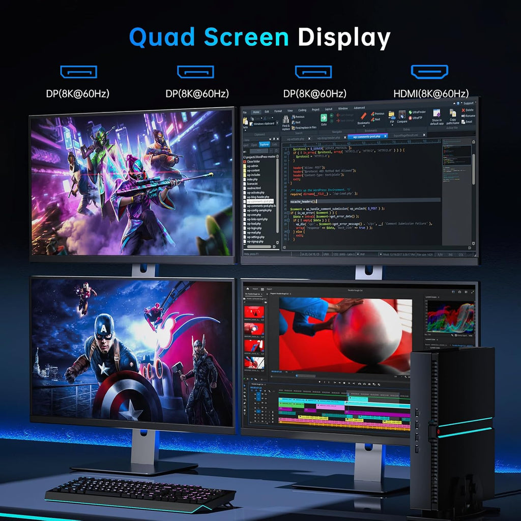 Mini PC Gaming, Desktop Computer i7-14700F 20 Cores Upto 5.4GHz, 64G DDR5, 1T M.2 PCIE4.0 SSD, Windows 11 Pro, GeForce RTX4070 12G, Four Display, 8K@60Hz Outputs, Dual LAN, WiFi6E/BT5.3