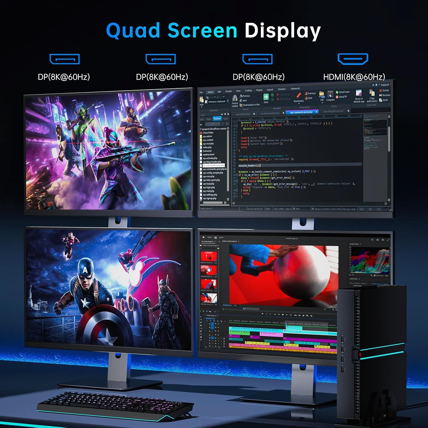 Mini PC Gaming, Desktop Computer i7-14700F 20 Cores Upto 5.4GHz, 64G DDR5, 1T M.2 PCIE4.0 SSD, Windows 11 Pro, GeForce RTX4070 12G, Four Display, 8K@60Hz Outputs, Dual LAN, WiFi6E/BT5.3