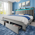 Allewie King Size Bed Frame with 2-Tier LED Storage Headboard, Velvet Upholstered King Platform Bed with 2 Storage Drawers, USB & Type-C Charging Ports, Noise-Free/No Box Spring Needed, Grey