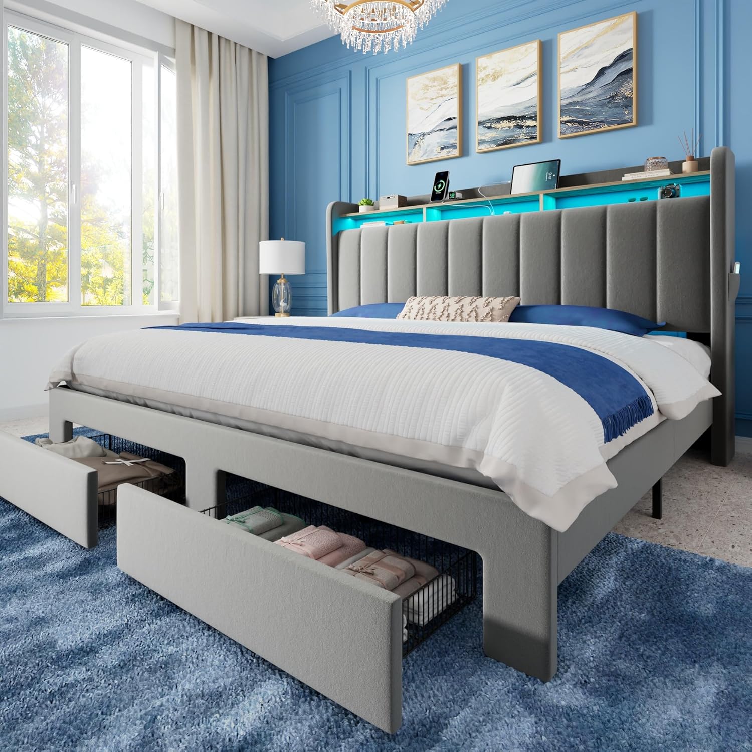 Allewie King Size Bed Frame with 2-Tier LED Storage Headboard, Velvet Upholstered King Platform Bed with 2 Storage Drawers, USB & Type-C Charging Ports, Noise-Free/No Box Spring Needed, Grey