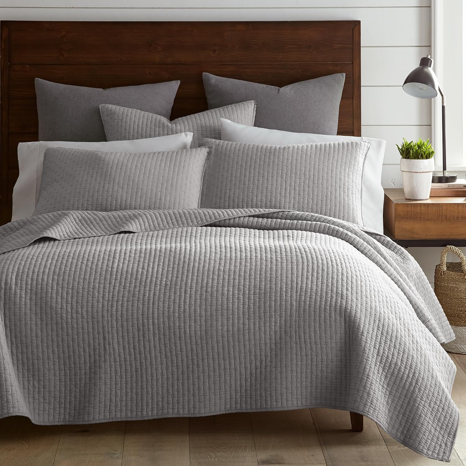 Levtex Home Cross Stitch Reversible Twin XL/Twin Quilt Set (68x86in) and 1 Pillow Sham (26x20in) - Stitch Texture - Light Grey - Cotton Twin/Twin Size Quilt Bedding Set - Lightweight Soft Pre-Washed