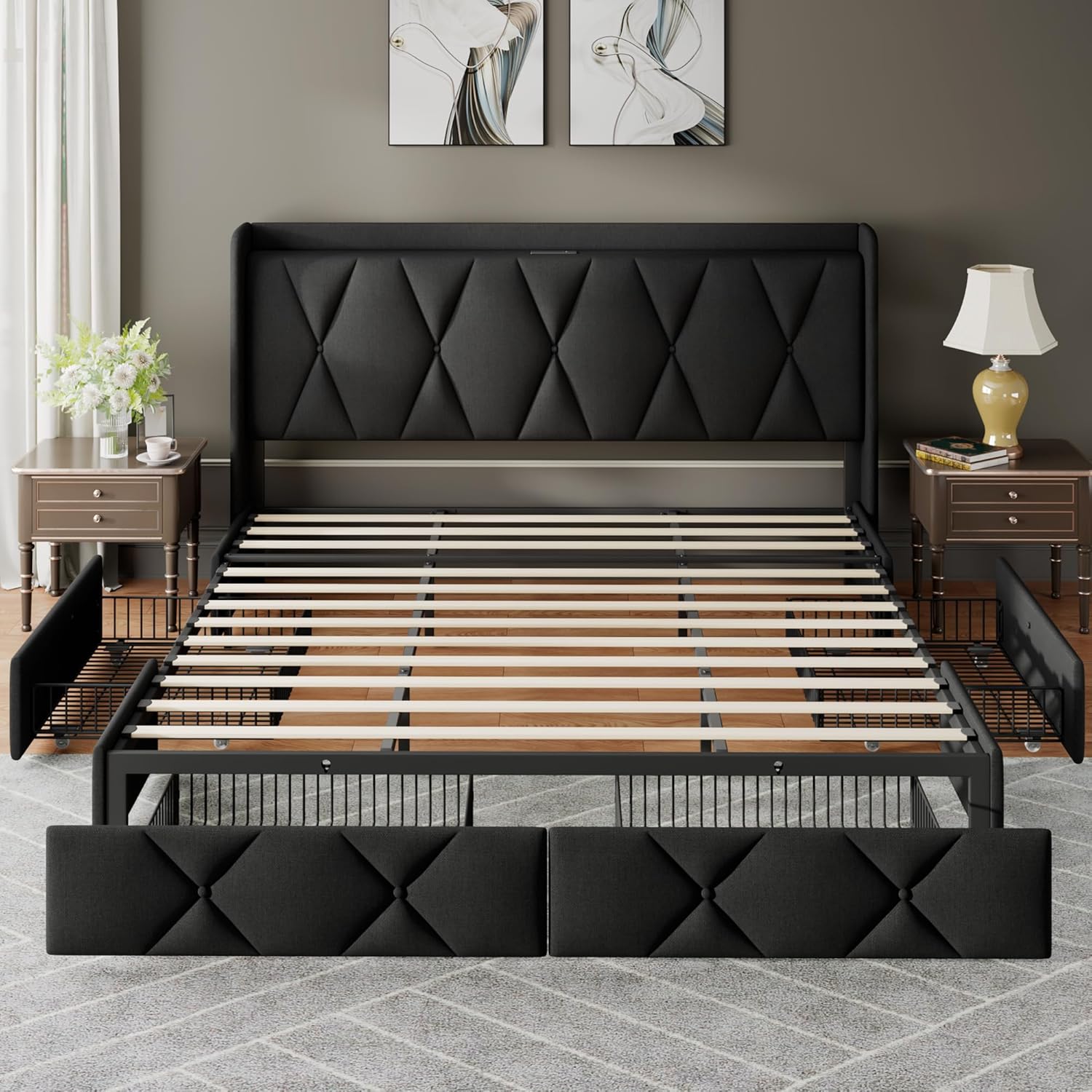 Feonase King Size Bed Frame with 4 Storage Drawers, Upholstered Platform Bed with Charging Station, Wingback Storage Headboard, Wooden Slats Support, No Box Spring Needed, Easy-Assembly, Black