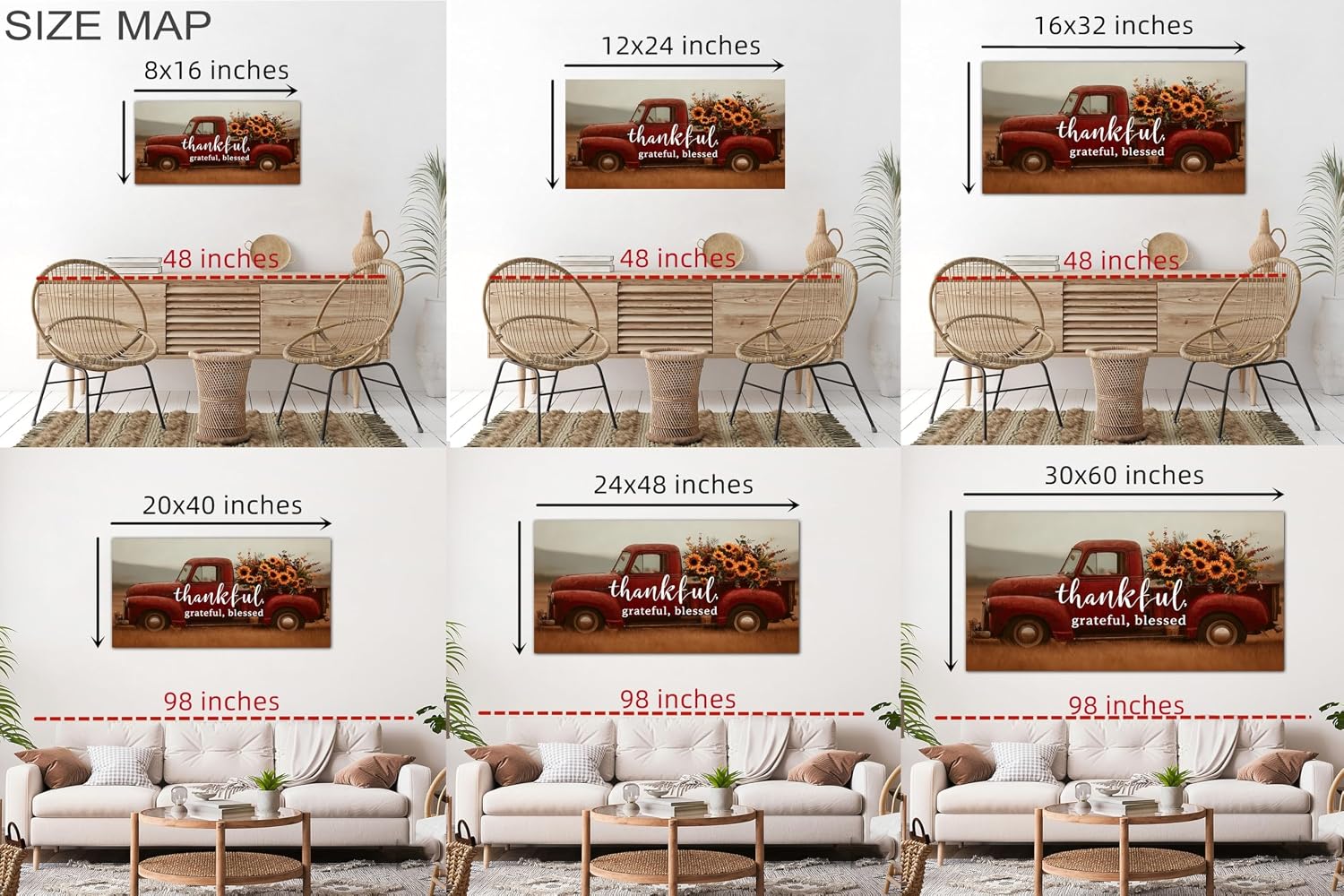 TIMUBA Farmhouse Truck Wall Art, Country Landscape Canvas Artwork, Red Vintage Truck Sunflower Pictures Wall Decor Bedroom, Rustic Truck Floral Painting Prints for Farm Living Room Decor 60x30 Inches