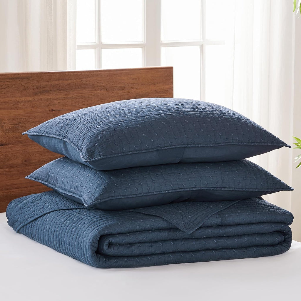 Levtex Home Cross Stitch Reversible Twin Bedspread Set (84x104in) with 1 Pillow Sham (26x20in) - Stitch Texture - Navy - Cotton Twin Size Bedspread Set - Lightweight, Soft, Pre-Washed