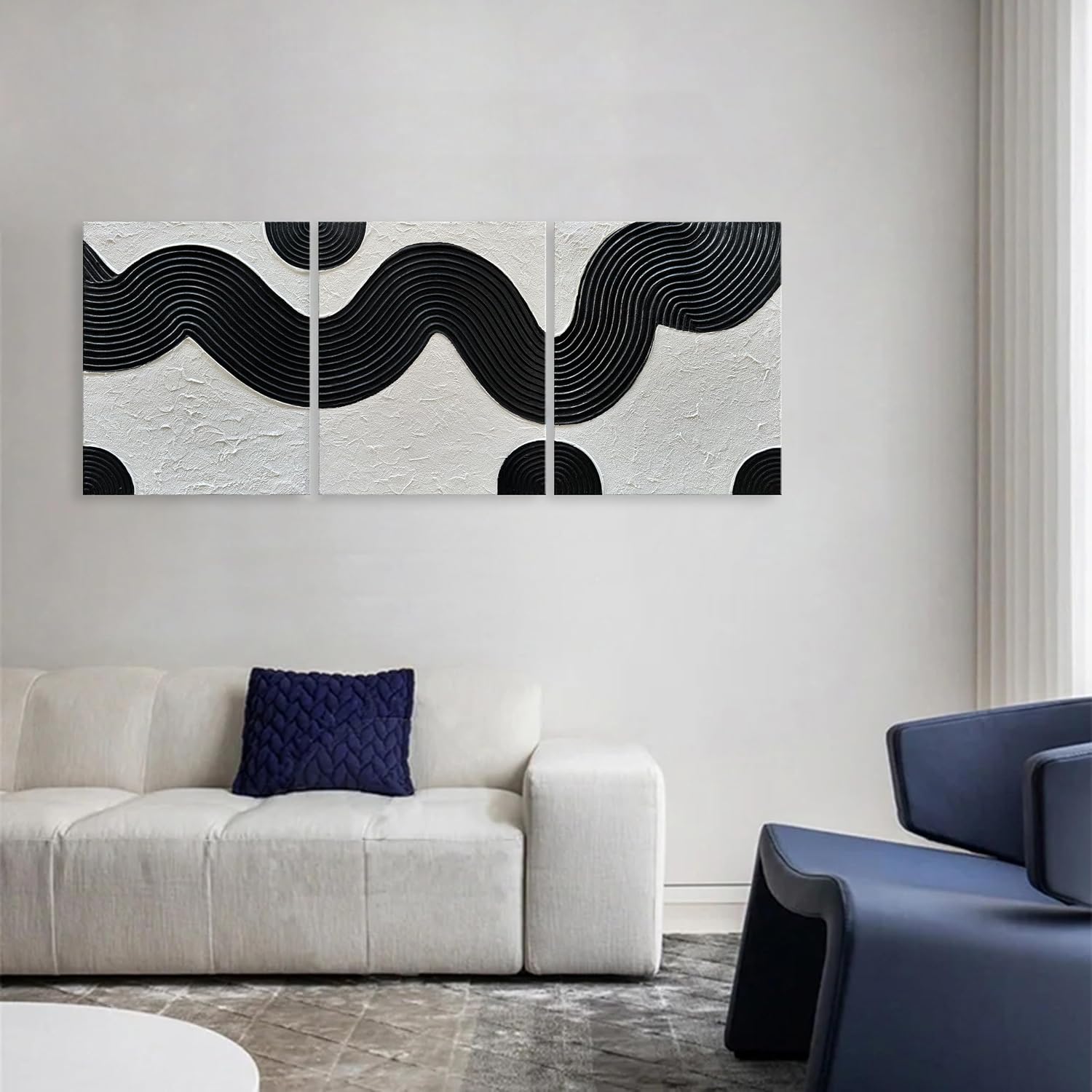 NANKAI Art Hand-Painted Abstract Oil Painting in Black and White Texture Modern Minimalist Art 24x20 Inches x 3,Home Wall Decoration Oil Painting