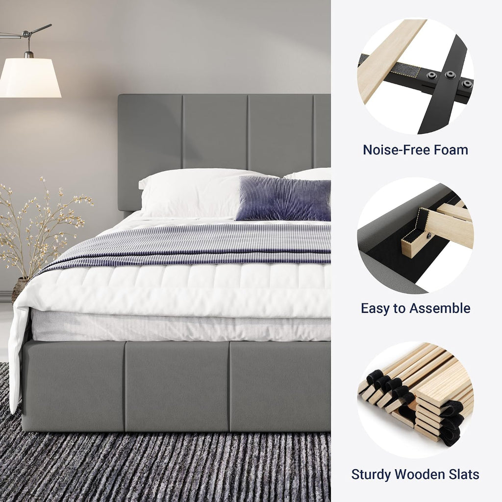 Allewie King Size Dutch Velvet Upholstered Platform Bed Frame/Vertical Channel Tufted Adjustable Headboard/Low Profile Bed Frame/No Box Spring Needed/Easy Assembly/Grey