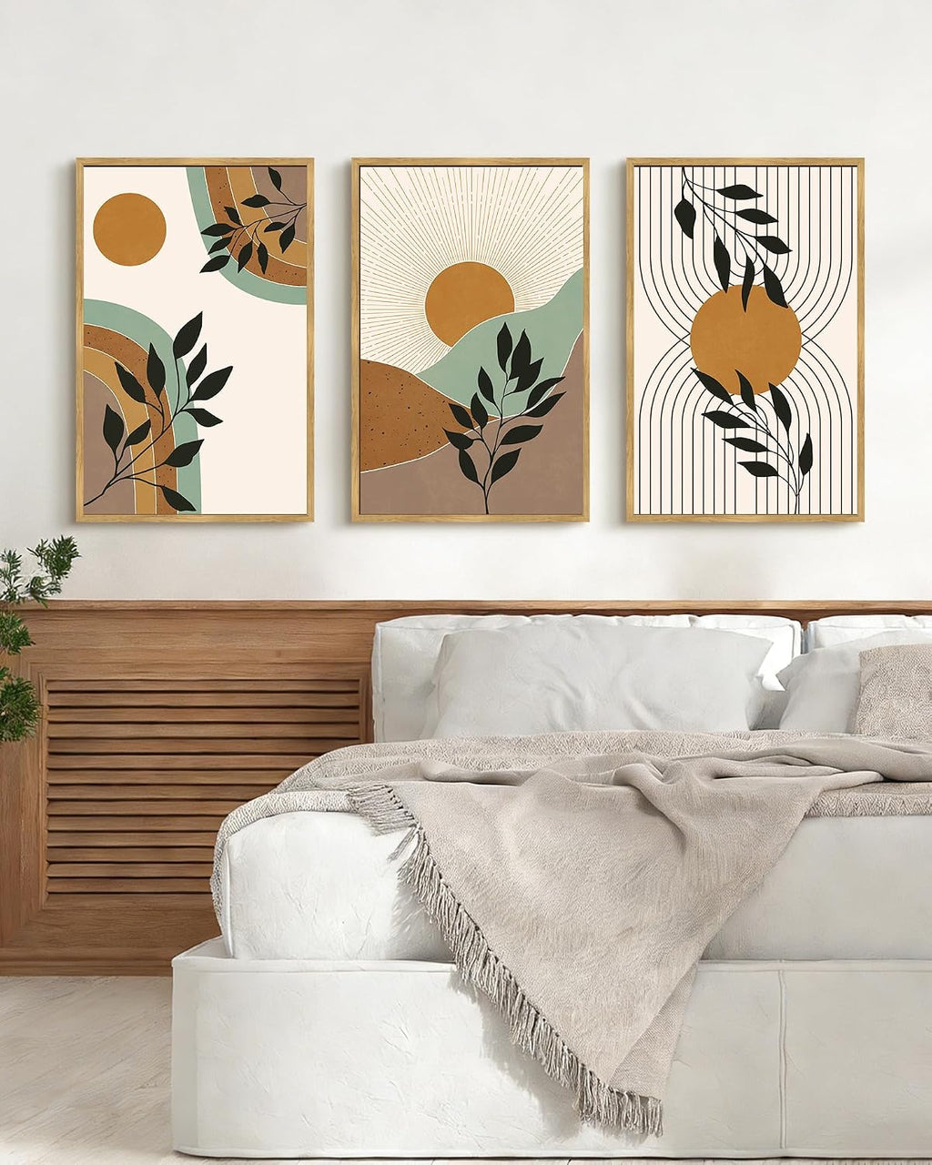 PHOPAGO Boho Wall Art Sage Plant Botanical Framed Wall Printing Large 24x36in Minimalist Bohemain Abstract Canvas Prints with Leaf & Sun Lines - Natural Framed