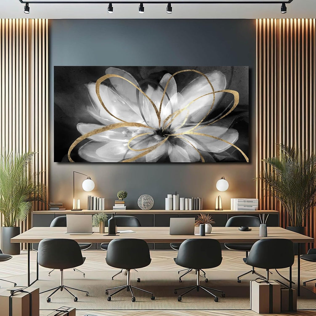 SOUGUAN Flower Large Artwork Gold Wall Decor White Canvas Paintings for Living Room Bedroom Kitchen Office 30'x 60'