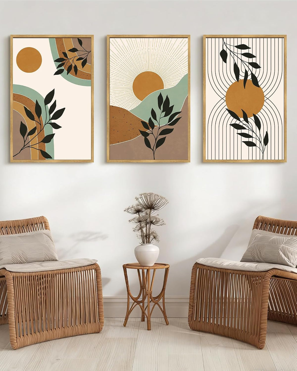 PHOPAGO Boho Wall Art Sage Plant Botanical Framed Wall Printing Large 24x36in Minimalist Bohemain Abstract Canvas Prints with Leaf & Sun Lines - Natural Framed