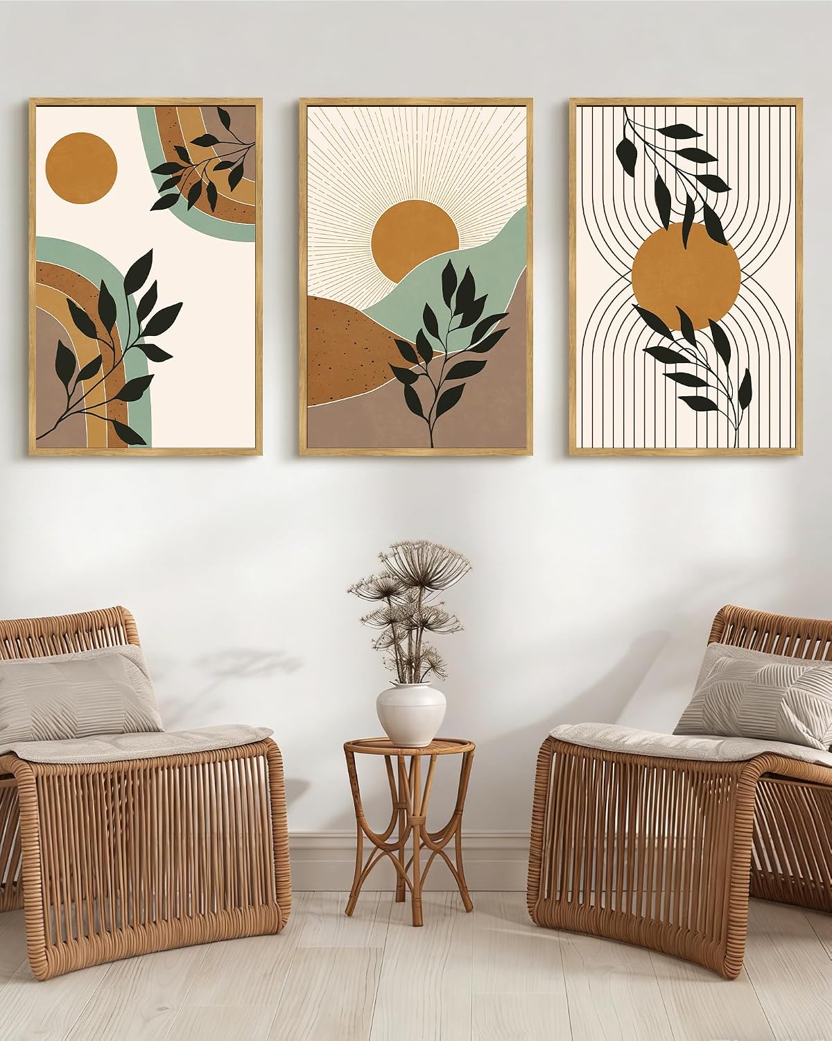 PHOPAGO Boho Wall Art Sage Plant Botanical Framed Wall Printing Large 24x36in Minimalist Bohemain Abstract Canvas Prints with Leaf & Sun Lines - Natural Framed