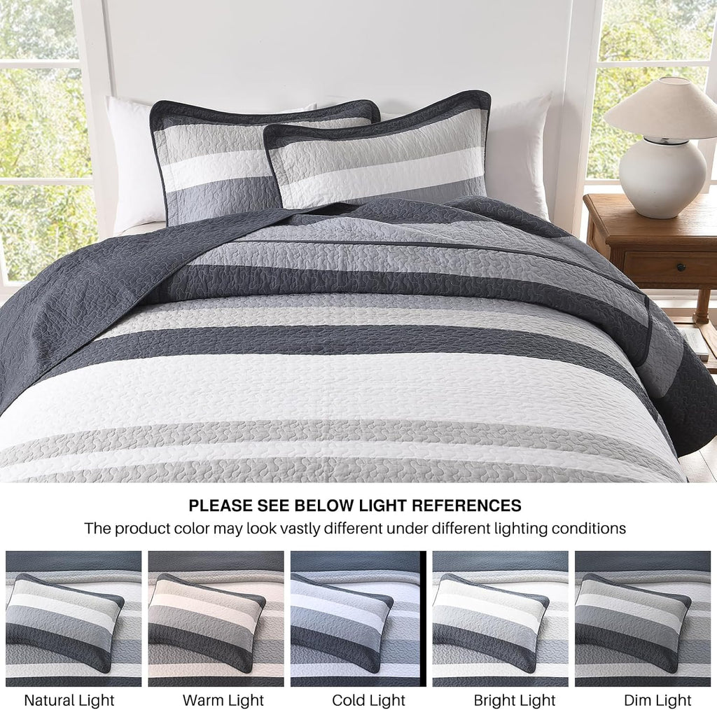 DDUOXIN Oversized Queen Bedspread 102' W x120 L - 100% Cotton California Quilt with 2 Pillow Shams, Simple Striped Design Lightweight Durable Bedding, Perfect for Modern Bedrooms, Blue/Gray/White