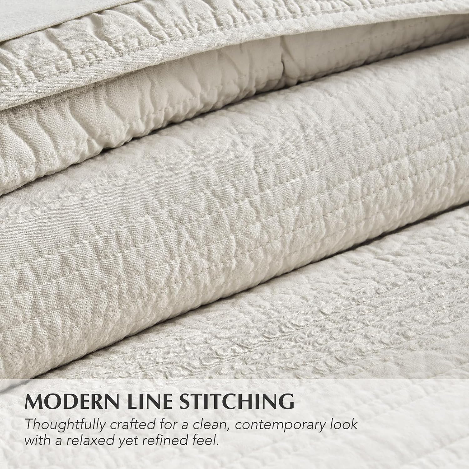 EVERGRACEHOME 100% Cotton Modern Lines Quilt Set Oversized King, Pre-Washed Soft Striped Coverlet Bedspread, 3 Piece Lightweight Bedding Set for All Season, with 2 Pillow Shams, Birch