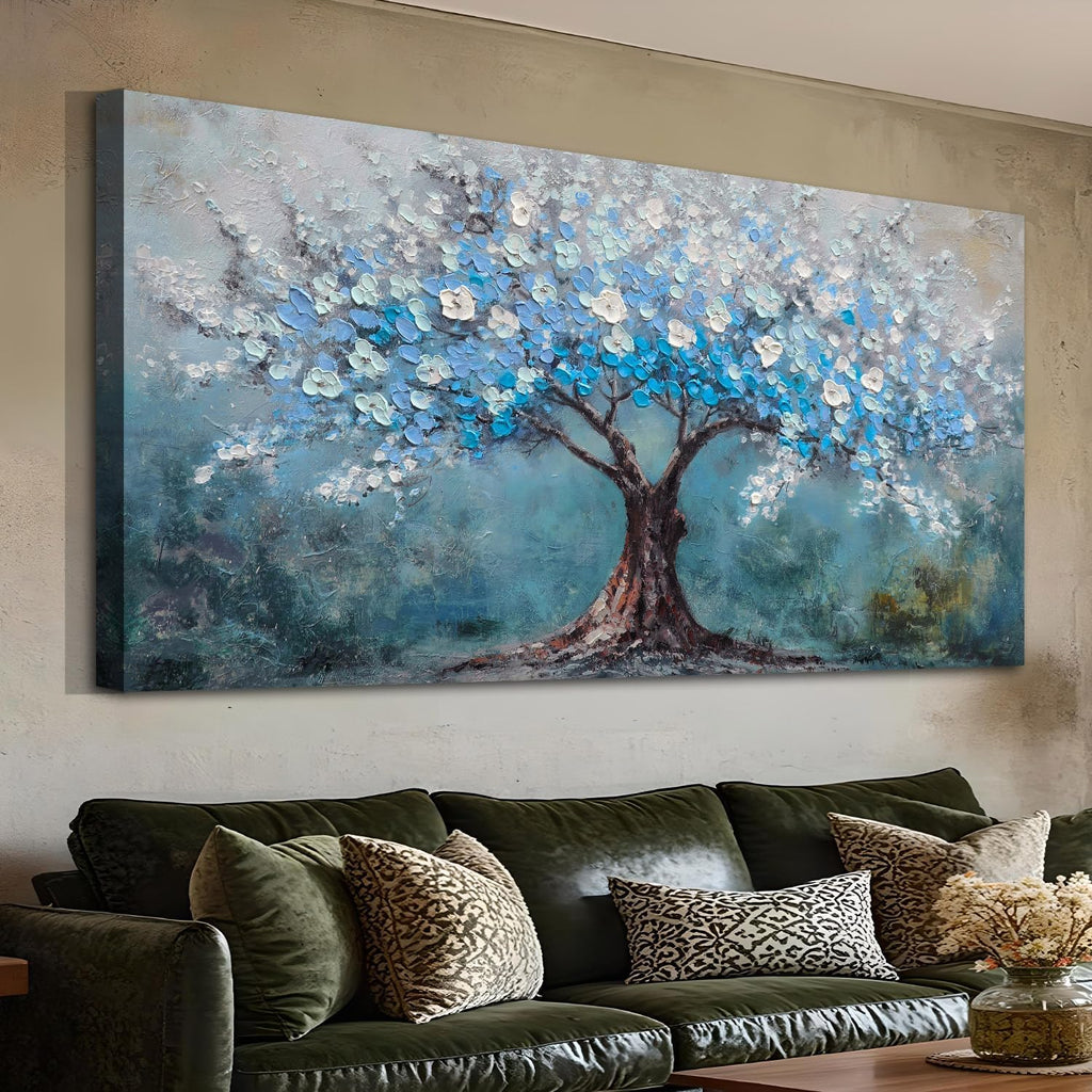 Acocifi Blue Tree of Life Canvas Wall Art for Living Room, Textured Painting 58'x29', Nature Landscape Tree Picture Extra Large Artwork Framed for Bedroom Office Home Wall Decor