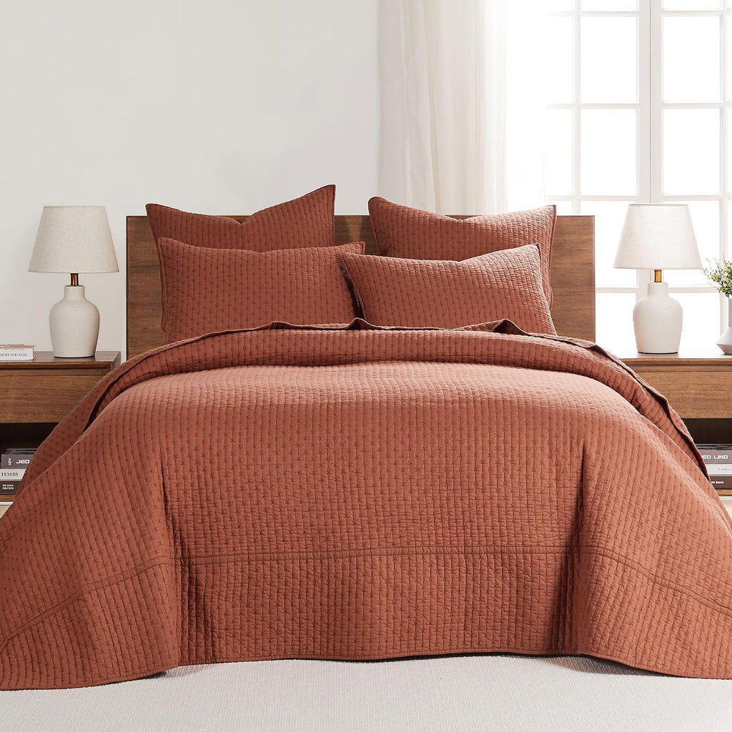 Levtex Home Cross Stitch Reversible Twin Bedspread Set (84x104in) with 1 Pillow Sham (26x20in) - Stitch Texture - Adobe - Cotton Twin Size Bedspread Set - Lightweight, Soft, Pre-Washed