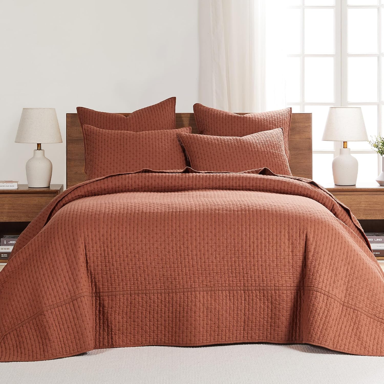 Levtex Home Cross Stitch Reversible Twin Bedspread Set (84x104in) with 1 Pillow Sham (26x20in) - Stitch Texture - Adobe - Cotton Twin Size Bedspread Set - Lightweight, Soft, Pre-Washed