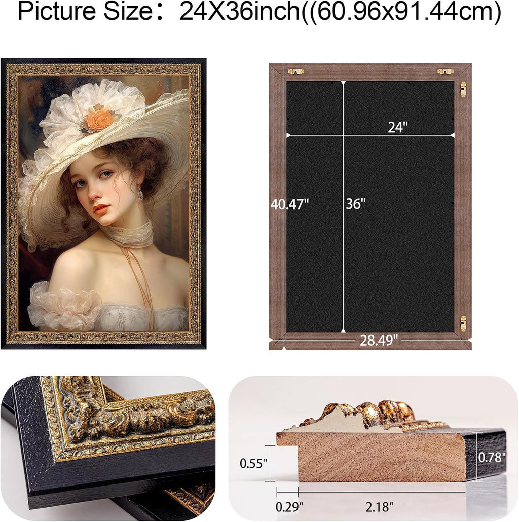 Black and Gold 24'x36' Picture Frame: Wooden Frames for 2ft by 3ft Pictures Artwork Vertical/Horizontal Display, Wall Hanging 36x24 Frame with Glass and Back