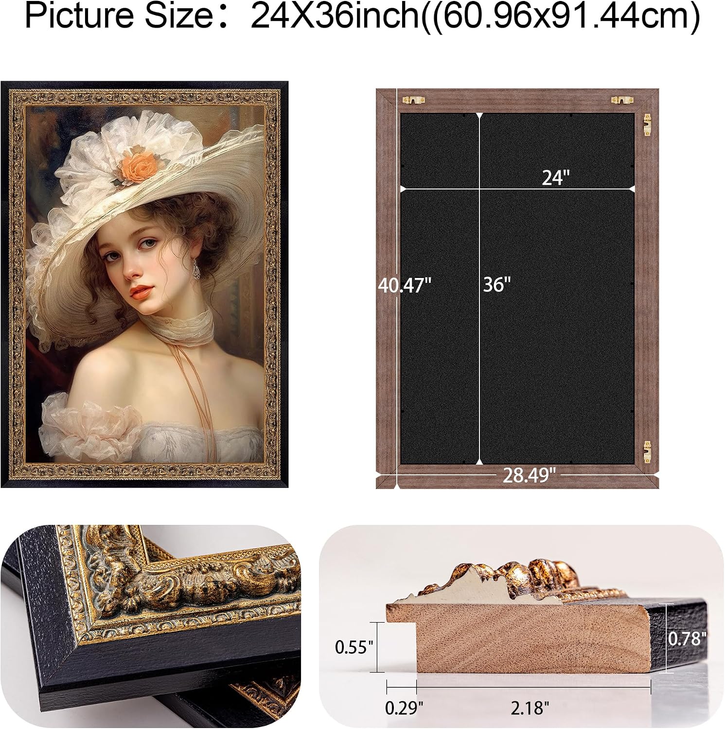 Black and Gold 24'x36' Picture Frame: Wooden Frames for 2ft by 3ft Pictures Artwork Vertical/Horizontal Display, Wall Hanging 36x24 Frame with Glass and Back