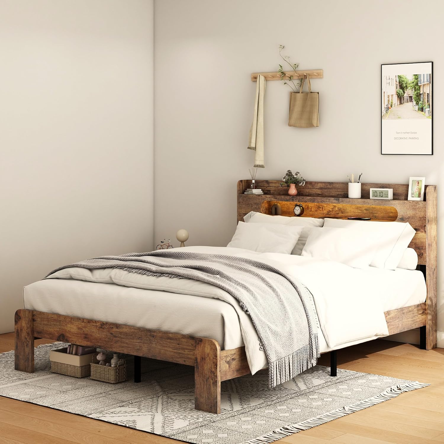 Bellemave Rustic Vintage King Size Bed Frame with Storage Headboard and Charging Station,Wooden Platform Bed Frame King Size with LED Lights and Wood Slats,Easy Assembly,Dark Brown