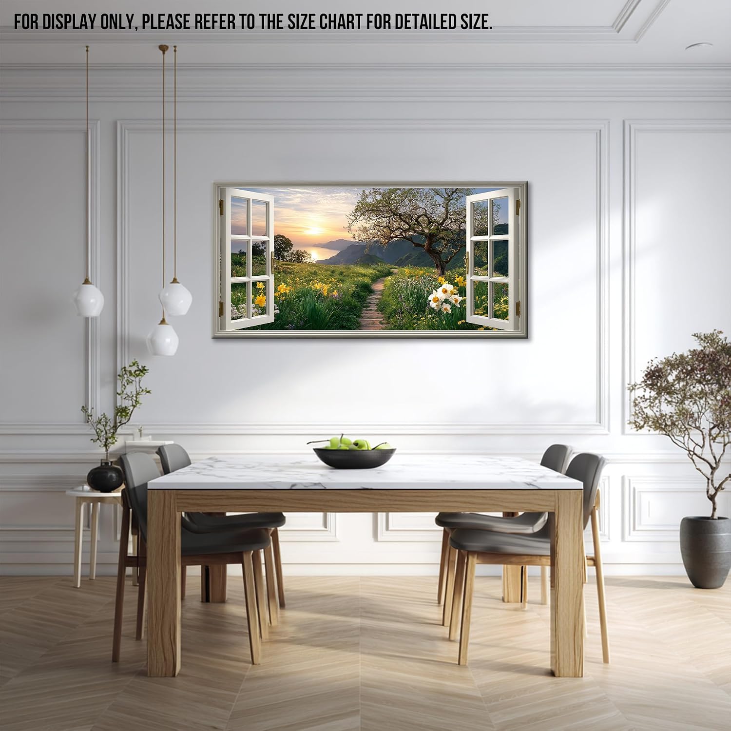 TIMUBA Spring Wall Art Decor - Fake Window Sunrise Coastal Scenery Canvas Painting, Spring Nature Mountains Landscape Wildflowers Pictures Wall Decor, Floral Framed Artwork for Living Room 60x30 Inch