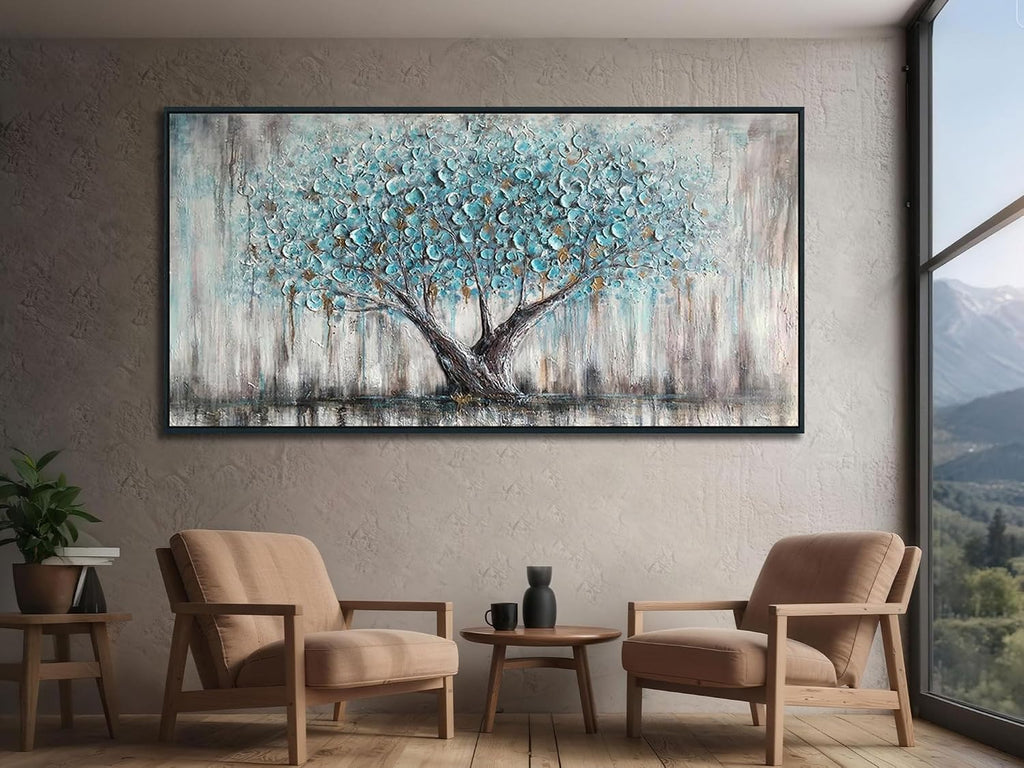 Arjun Framed Blue Tree Extra Large Canvas Wall Art for Living Room Tree of Life Abstract Bedroom Textured Painting, Nature Picture Panoramic Landscape Artwork Home Office Decor, Black Wood 58'x29'