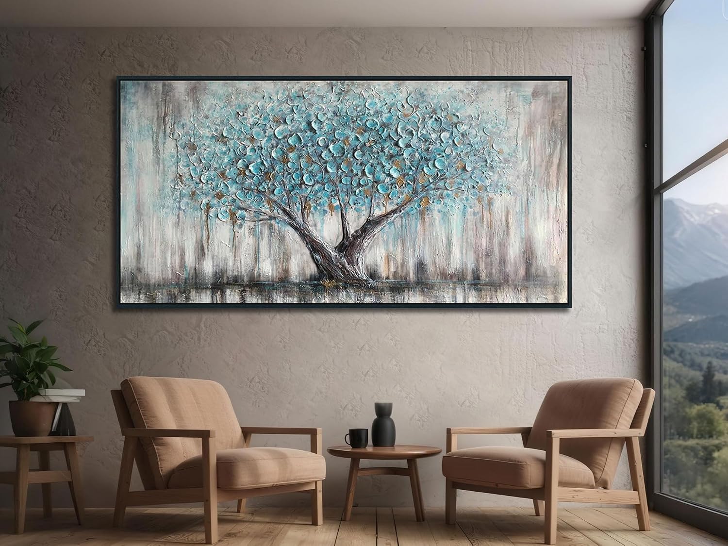 Arjun Framed Blue Tree Extra Large Canvas Wall Art for Living Room Tree of Life Abstract Bedroom Textured Painting, Nature Picture Panoramic Landscape Artwork Home Office Decor, Black Wood 58'x29'