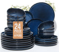 Pokini 24 Piece Ceramic Dinnerware Sets for 8, Starry Blue Reactive Glaze | Unique Coastal Edge for Holiday Gatherings, Thanksgiving, Dinner Parties | Microwave & Dishwasher Safe Stoneware Dish Set