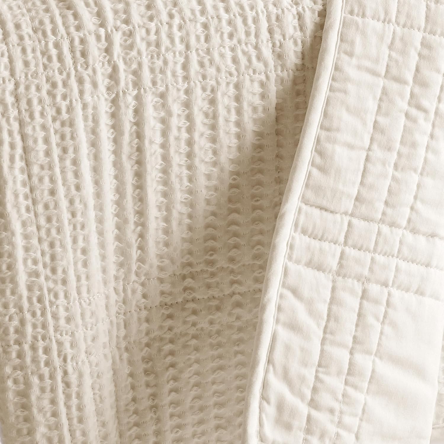 Levtex Home Cloud Waffle Full/Queen Quilt Set (88x92in) and 2 Pillow Shams (26x20) - Box Quilted Waffle Texture - Undyed Cream - Cotton Full/Queen Size Quilt Bedding Set - Lightweight Soft Pre-Washed
