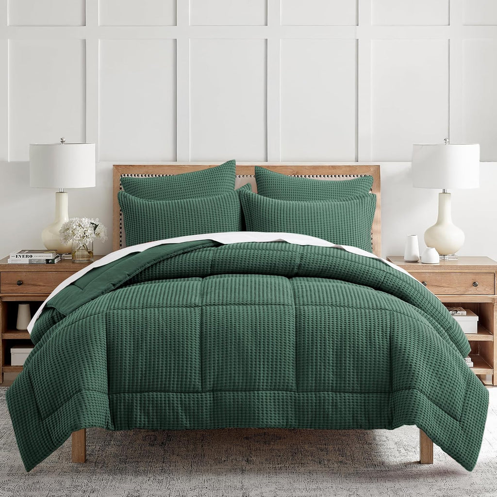 Levtex Home Mills Waffle Full/Queen Comforter Set (90x94in) with 2 Pillow Shams (26x20in) - Forest Green - 100% Cotton Full/Queen Size Comforter Set - Soft, Pre-Washed