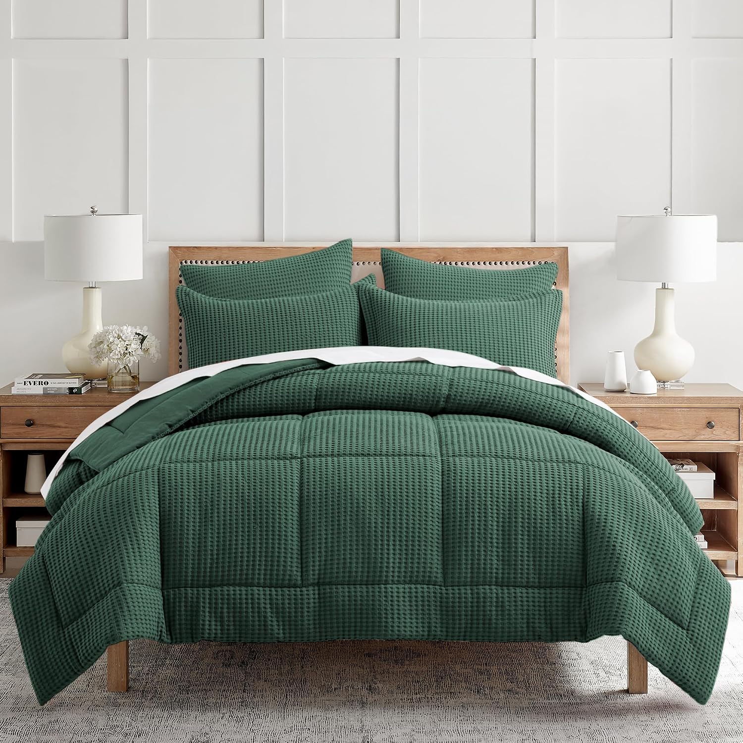 Levtex Home Mills Waffle Full/Queen Comforter Set (90x94in) with 2 Pillow Shams (26x20in) - Forest Green - 100% Cotton Full/Queen Size Comforter Set - Soft, Pre-Washed