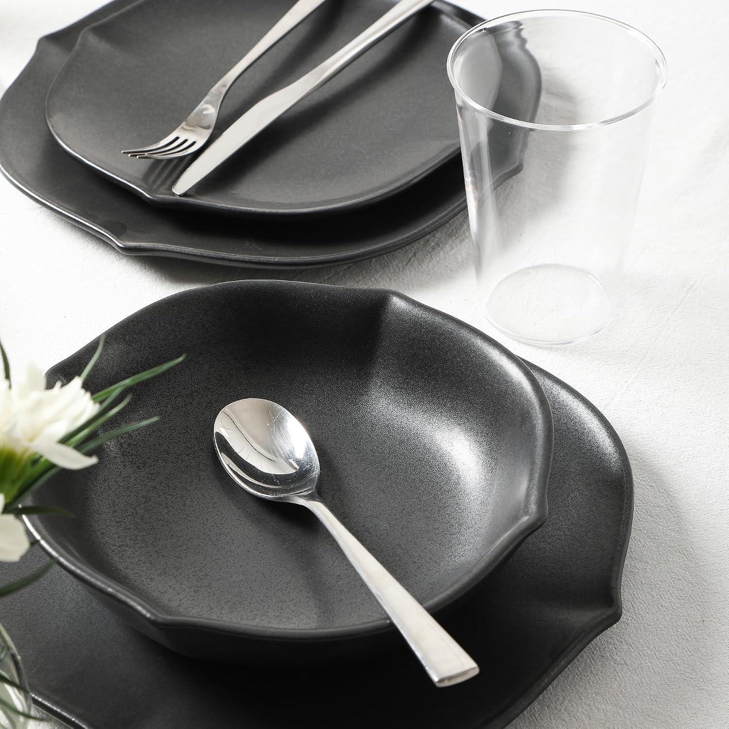 Stone Lain Baskerville 16-Piece Dinnerware Set Stoneware, Borosilicate Glass, Black