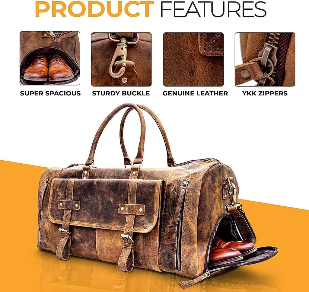 Leather Travel Duffle Bags for Men and Women cabin friendly Weekend Bag Sports Gym airplane carry on overnight duffel