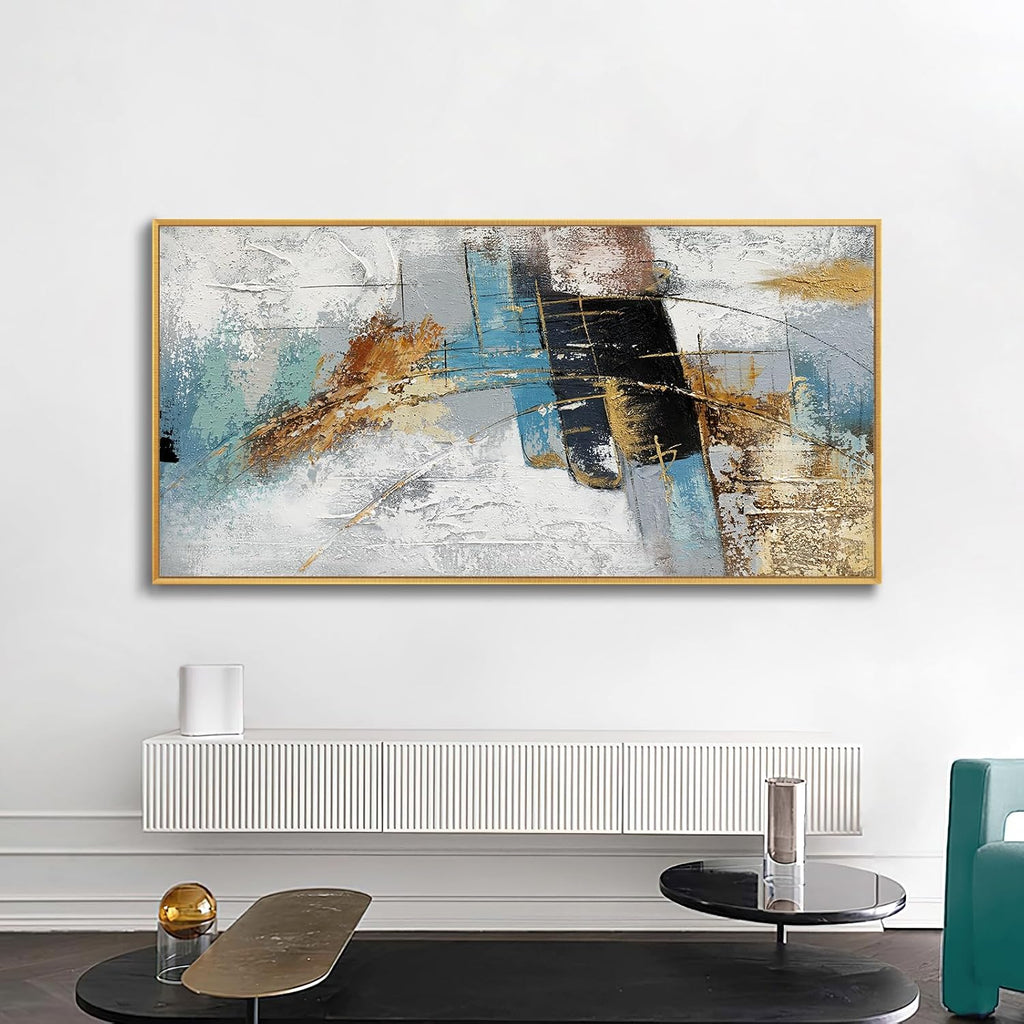Large 100% Handmade Abstract Oil Painting with Frame Modern Original Hand Painted Heavy Textured Wall Painting Blue Gold Grey Canvas Wall Art Wall Decor for Living Room Bedroom Office Hang 60x30 inch