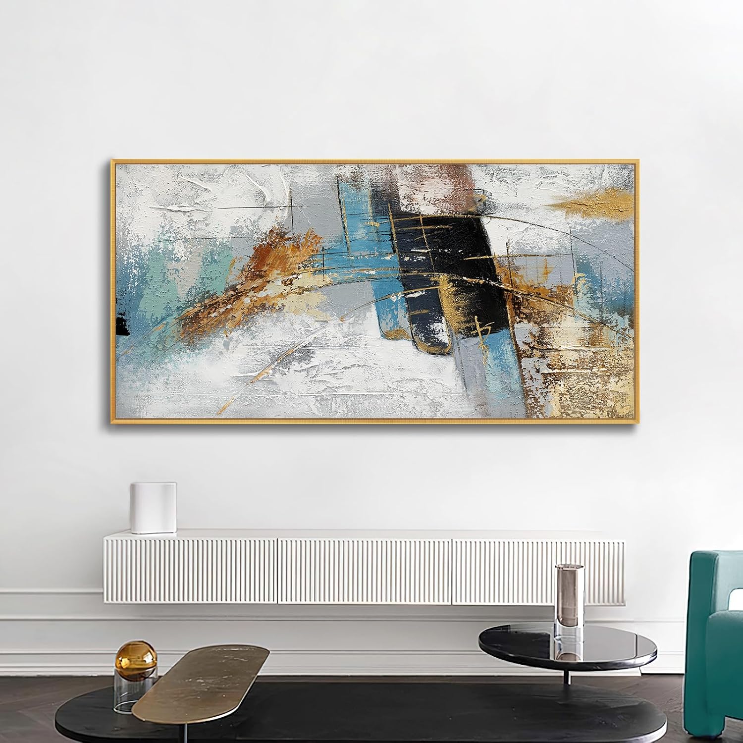 Large 100% Handmade Abstract Oil Painting with Frame Modern Original Hand Painted Heavy Textured Wall Painting Blue Gold Grey Canvas Wall Art Wall Decor for Living Room Bedroom Office Hang 60x30 inch