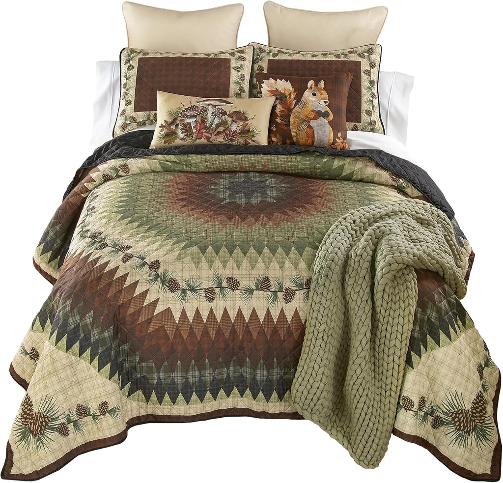 Donna Sharp Pine Circle Polyester Quilted Bedding Set - 3-Piece King Size Quilt Set - Includes 1 Quilt and 2 King Pillow Shams - Machine Washable - Traditional Design