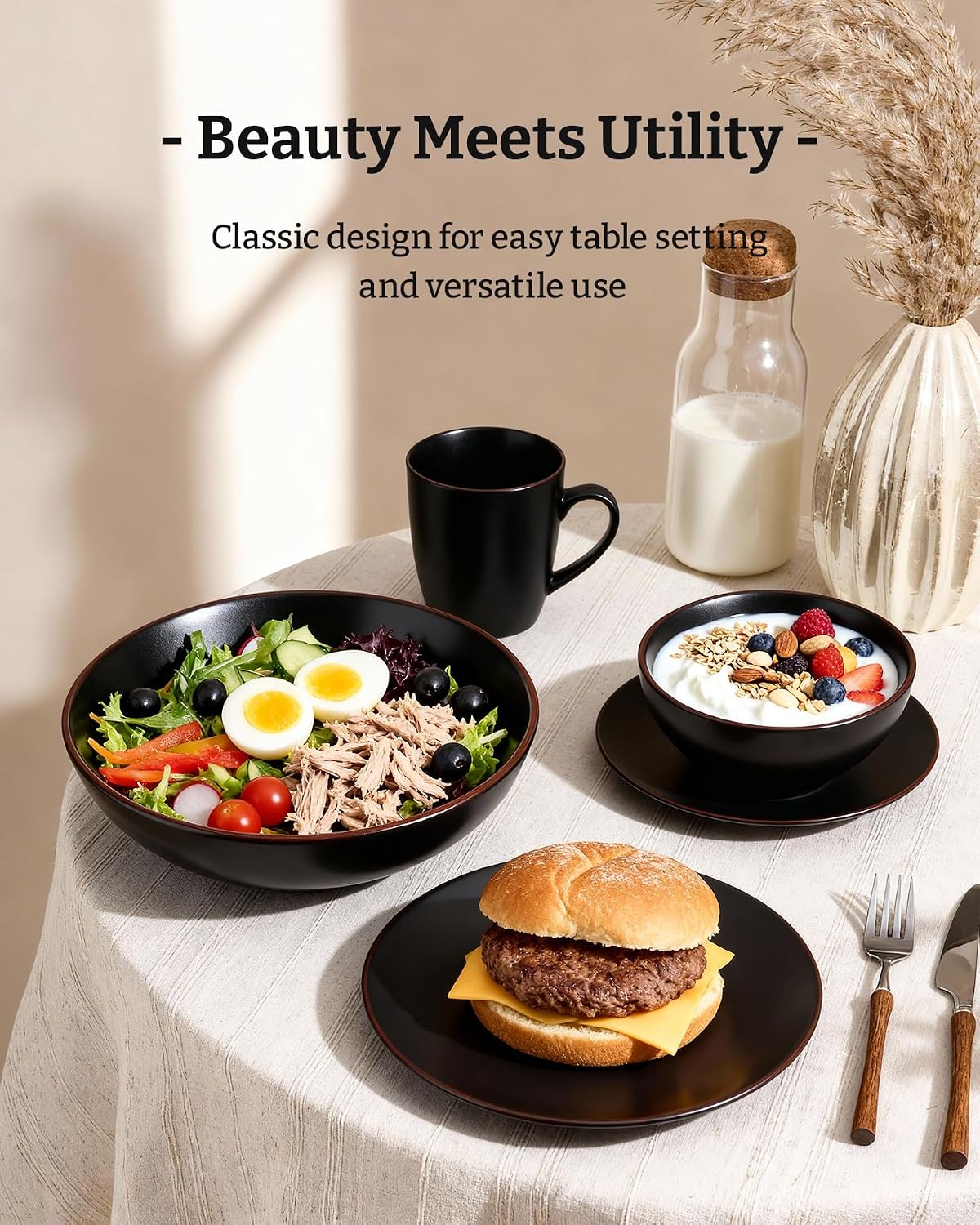 Famiware Venus 16-Piece Stoneware Dinnerware Sets with Mugs, Plates, Bowls, Service for 4, Matte Black - Modern Ceramic Chip‑Resistant Dishes for Everyday & Formal Use, Microwave & Dishwasher Safe