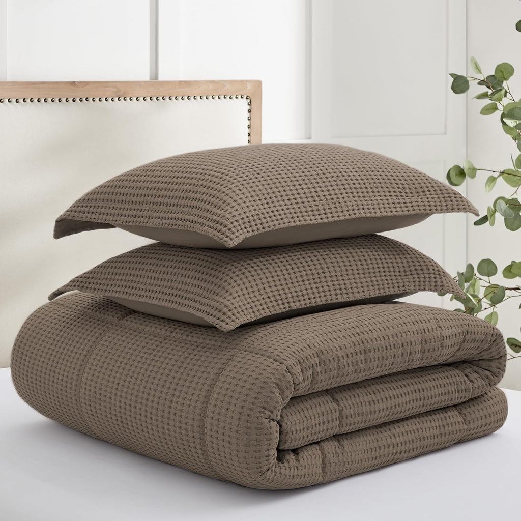 Levtex Home Mills Waffle Full/Queen Comforter Set (90x94in) with 2 Pillow Shams (26x20in) - Latte - 100% Cotton Full/Queen Size Comforter Set - Soft, Pre-Washed