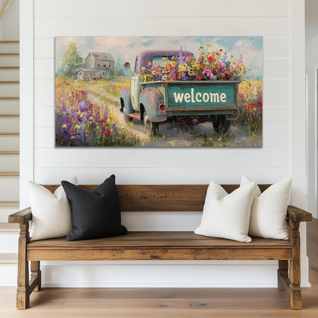 TIMUBA Country Farmhouse Truck Wall Art, Spring Farmhouse Canvas Art Prints, Welcome Sign Retro Truck Pictures Wall Decor, Rustic Flower Spring Landscape Painting Artwork for Home Bedroom 60x30 Inches