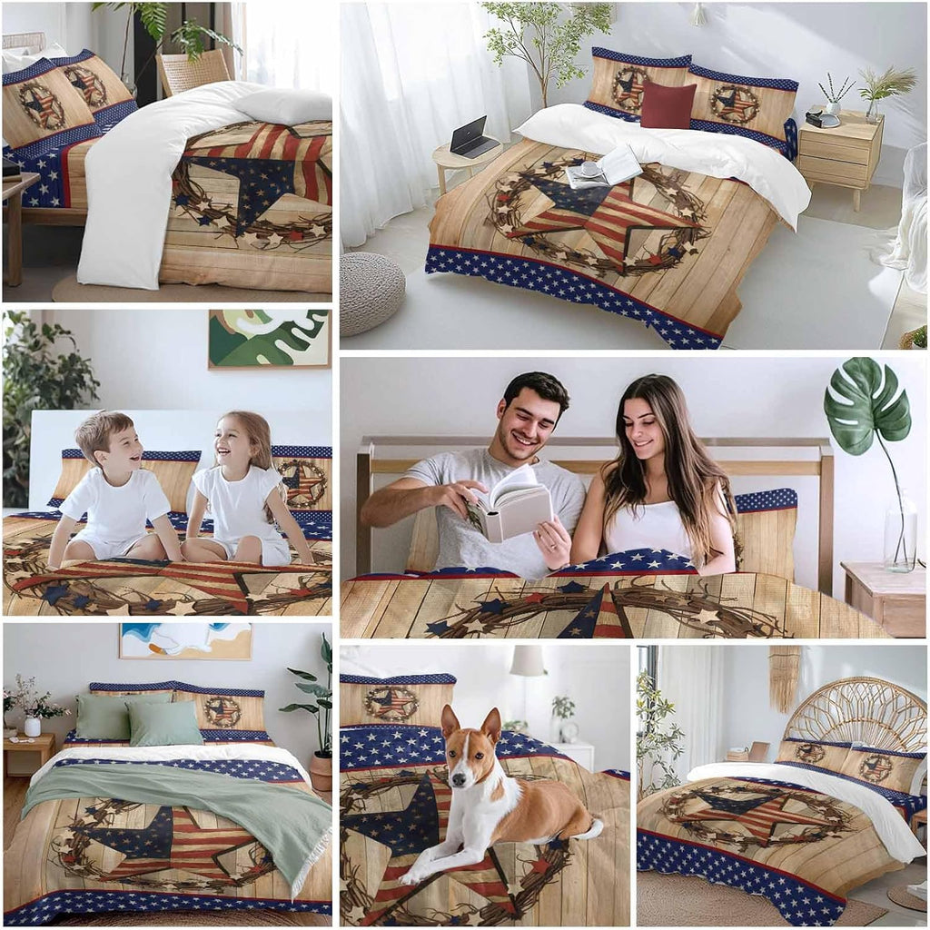 Prime Leader Independence Day Duvet Cover Set Queen Size 4 Pieces Vintage Stars Stripes Wood Grain Bedding Set with Zipper Closure, 1 Comforter Cover 92x106 Inches 1 Flat Sheet & 2 Pillow Cases