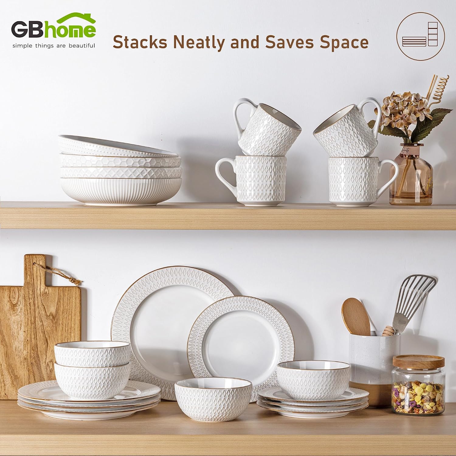 GBHOME Ceramic Dinnerware Sets, 24 pcs Embossed Elegant Stoneware Plates and Bowls Sets, Housewarming Wedding Gift | Dishwasher & Microwave Safe | Dishes Set Service for 8