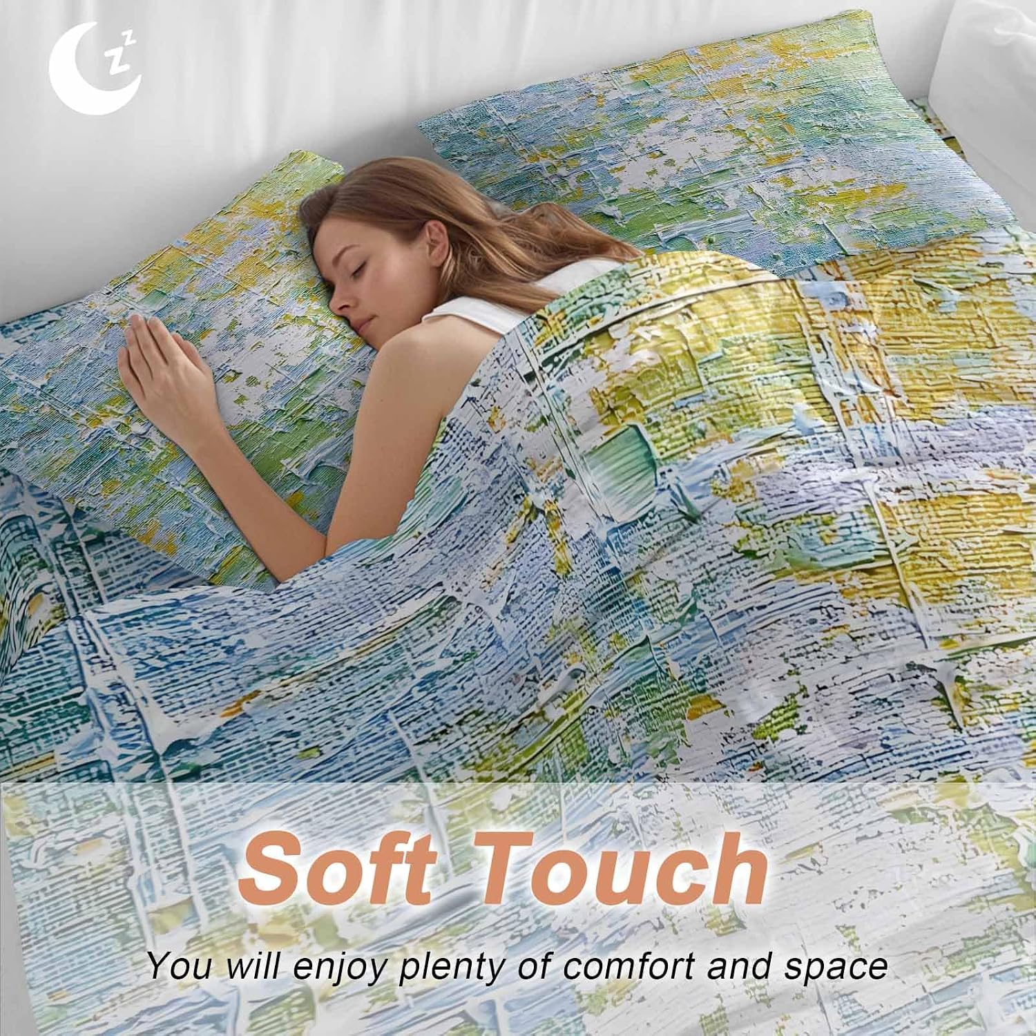 Prime Leader Abstract Geometric Duvet Cover Set Queen Size 4 Pieces Yellow Blue Green Oil Painting Style Bedding Set with Zipper Closure, 1 Comforter Cover 90x92 Inches 1 Flat Sheet & 2 Pillow Cases