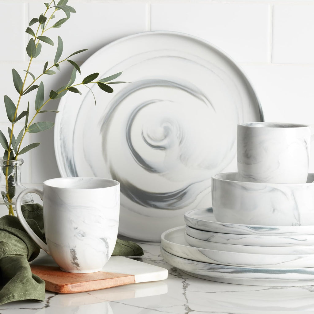Stone Lain Porcelain 32 Piece Dinnerware Set, Cool Gray Swirl, Marble Design