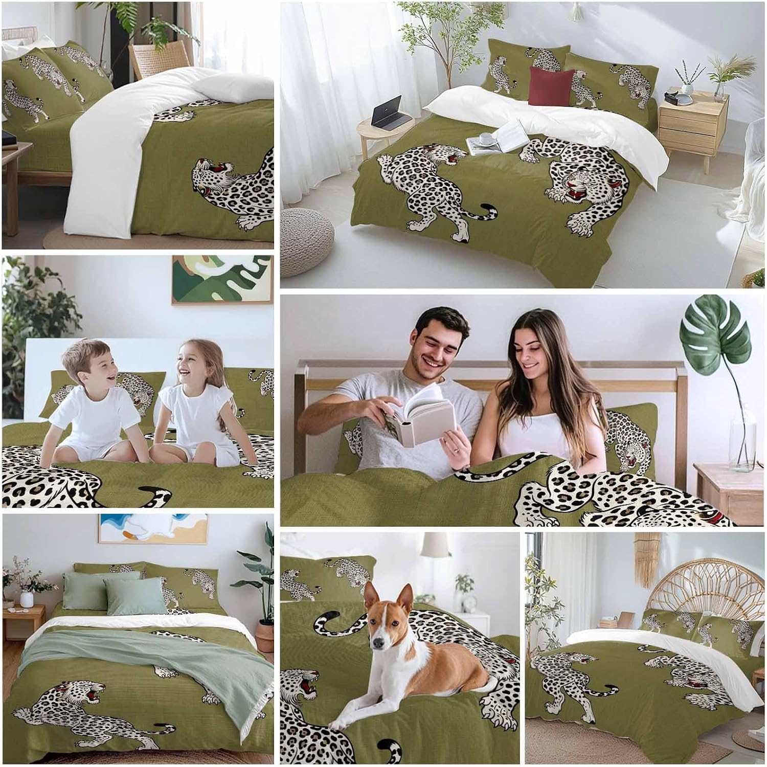 Green Leopard Duvet Cover Set Queen Size 4 Pieces Modern Style Wild Animal Rustic Linen Texture Bedding Set with Zipper Closure, 1 Comforter Cover 86x86 Inches 1 Flat Sheet & 2 Pillow Cases