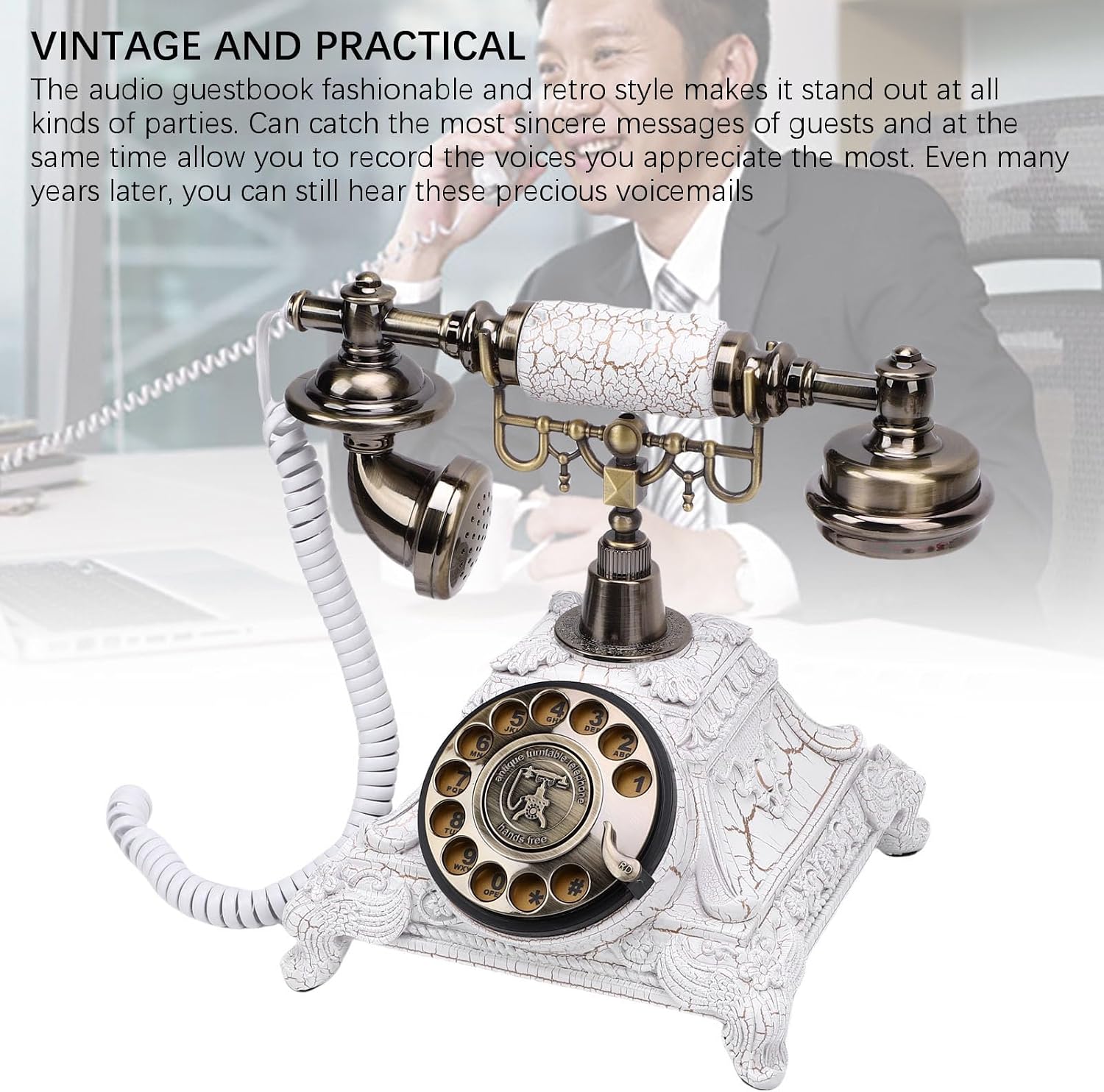 Audio Guest Book Phone, 32G Capacity Vintage Retro Telephone, Retro Audio Telephone Recording Customized Voice Message for Your Wedding Party, Wedding Idea Alternative (White)