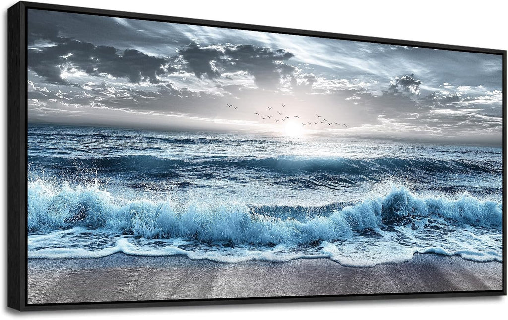 ERQINHUA Large Canvas Wall Decor For Bedroom Wall Art For Living Room Office Decor Blue Beach Sea Wave Paintings Sunrise Ocean Seascape Wall Pictures Artwork Modern Home Decor Black Frame 24x48 In