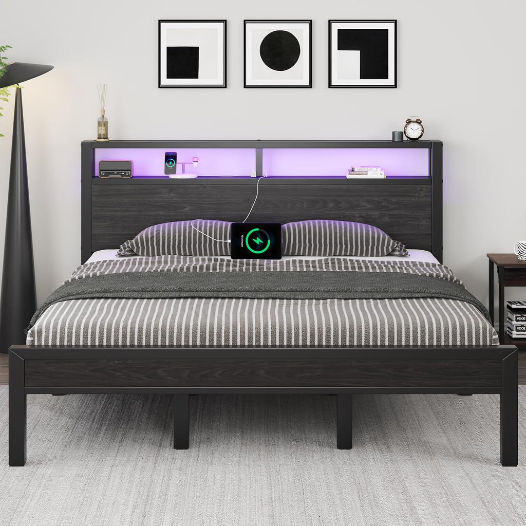 LOEWAY King Size Bed Frame with Storage Headboard, Industrial Platform Bed with Charging Station and LED Lights, Heavy Duty Metal Slats, No Box Spring Need, Noise Free, Black